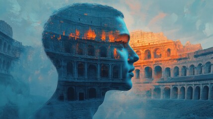 Poster - Portrait of a man's face with an ethereal glow superimposed on the majestic ruins of ancient architecture