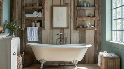 Poster - Rustic bathroom design featuring a vintage clawfoot tub with wood accents and modern shelving