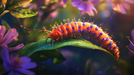 Poster - Vivid caterpillar rests on a vibrant leaf surrounded by delicate blossoms in a sunlit garden