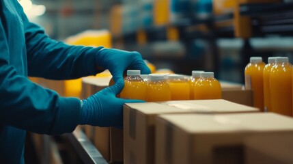 Poster - In a bustling production facility, a dedicated worker carefully organizes bottles of juice on a conveyor belt