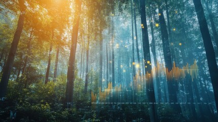 Aufkleber - Tranquil forest landscape with digital data visualization at sunrise enhancing natural beauty