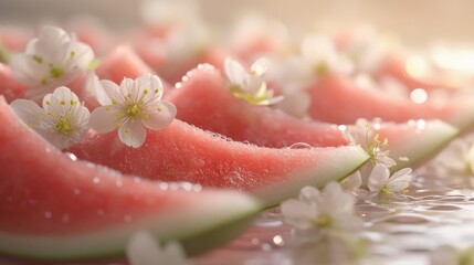 Poster - Polished watermelon slices arranged beautifully with delicate blossoms enhancing their juicy appeal