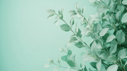 Poster - Soft mint green background with delicate leafy branches creating a calm and serene atmosphere for design projects