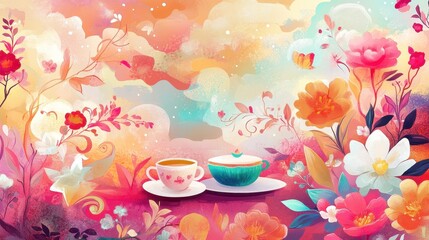 Wall Mural - Tea cups sit among vibrant flowers and watercolor clouds