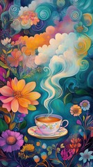 Wall Mural - Steaming cup of tea surrounded by vibrant floral fantasy