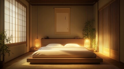 Aufkleber - Minimalist bedroom with wooden elements and natural light creating a serene ambiance for relaxation and rest
