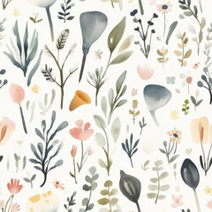 Poster - Beautiful watercolor doodle illustration featuring various flowers and plants in a whimsical style, perfect for nature lovers