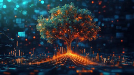 Poster - Glowing design of financial stability featuring a vibrant tree representing growth and sustainability in a digital landscape