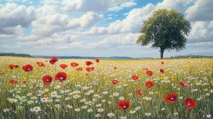 Poster - Dreamy meadow filled with vibrant spring wildflowers under a bright blue sky