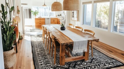 Aufkleber - Bright dining room featuring a reclaimed wood table with stylish chairs and natural decor in a modern home setting