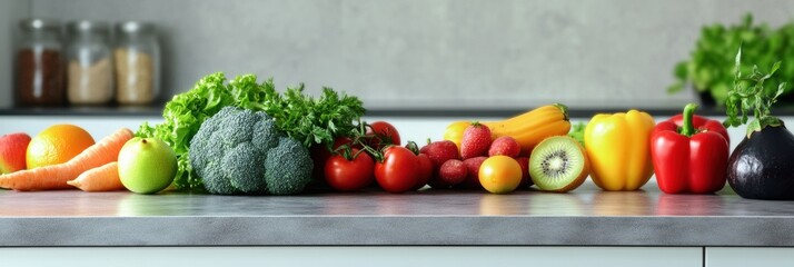 Aufkleber - Fresh vegetables and fruits arranged on a kitchen counter showcasing healthy eating choices in a modern kitchen. Generative AI