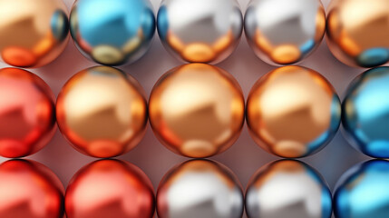 Poster - Glossy metallic spheres in vibrant arrangement of colors including blue, orange, silver, and red, creating visually striking abstract composition