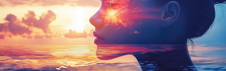 Poster - Glowing face of a woman merging with sunset colors over ocean waves at twilight
