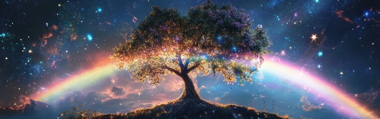 Aufkleber - Glowing tree under a starry sky with a radiant rainbow arching across the horizon