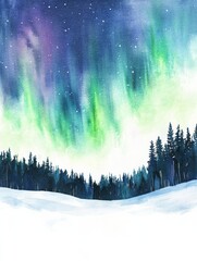 Poster - Colorful auroras illuminate a snowy forest landscape during a clear night in winter. Generative AI