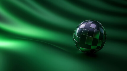 Poster - captivating abstract scene featuring checkered sphere on smooth green surface, creating sense of depth and intrigue. interplay of light and shadow enhances visual appeal