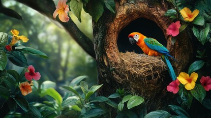 Aufkleber - Colorful parrot skillfully building its nest in a vibrant tropical forest filled with flowers