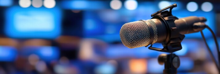 Poster - Dynamic microphone set against blurred studio backdrop ready for live broadcast. Generative AI