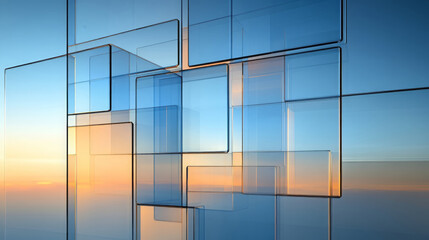 Poster - conceptual image of transparent glass panels against sunset sky, creating modern and artistic skyline effect. interplay of light and color evokes sense of tranquility and innovation