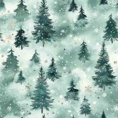 Leinwandbilder - Calming watercolor doodle of evergreen trees and gentle snowfall in a serene winter landscape