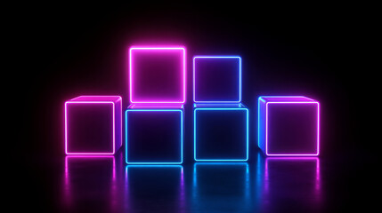 Aufkleber - Neon glowing cubes in pink and blue colors create dynamic abstract background. illuminated shapes stand out against dark backdrop, evoking modern and vibrant atmosphere