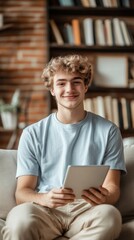 Poster - Young man enjoying leisure time at home while browsing on a tablet in a cozy living space
