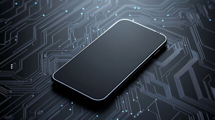 Poster - futuristic smartphone design on circuit board background, showcasing advanced technology and innovation. sleek device stands out against intricate patterns