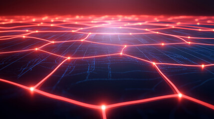 Poster - futuristic digital grid with interconnected points, glowing in red and blue hues, creates mesmerizing visual effect. This design evokes sense of advanced technology and connectivity