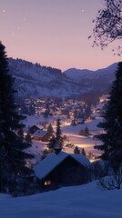 Poster - Snowy village illuminated at dusk surrounded by mountains with a peaceful winter atmosphere