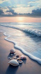 Poster - Serene beach with gentle waves and seashells at sunset creating a tranquil atmosphere
