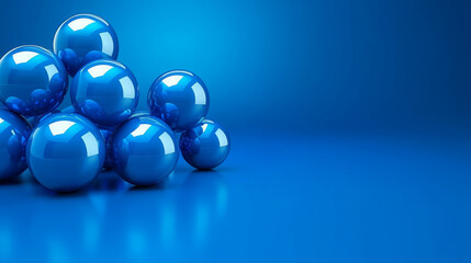 Poster - Shiny blue spheres arranged on smooth blue surface, creating modern and vibrant aesthetic. reflective surfaces enhance visual appeal, making it suitable for various design projects
