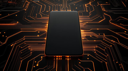 Poster - sophisticated smartphone blueprint displayed on circuit board with glowing orange lines, showcasing modern technology and innovation