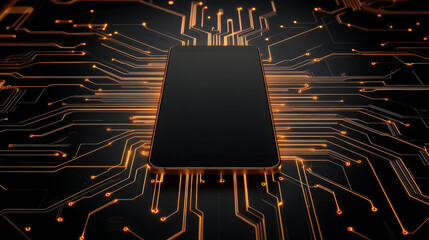 Poster - sophisticated smartphone surrounded by intricate circuit patterns, showcasing modern technology and innovation. glowing lines create dynamic visual effect, emphasizing connectivity and design