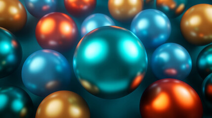 Poster - vibrant cluster of glossy spheres in various colors, including teal, orange, and blue, creates visually striking composition. reflective surfaces enhance overall aesthetic appeal