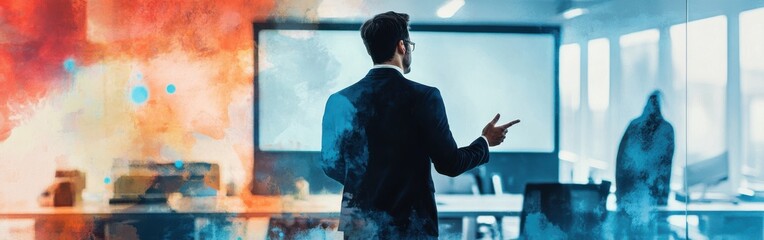 Aufkleber - Business professional giving a presentation in a modern office with a watercolor background