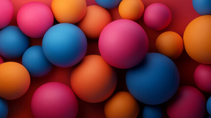Poster - Vibrant and dynamic composition of colorful spheres in various sizes, featuring shades of blue, pink, orange, and red, creating playful and energetic atmosphere