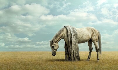 horse wearing map blanket in expansive field.