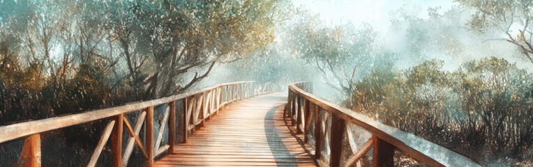 Poster - Wooden pathway winds through misty forest with watercolor background capturing serene landscape beauty