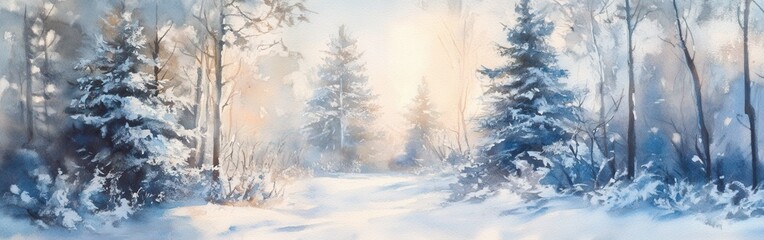 Aufkleber - Winter wonderland landscape featuring snow-covered trees and a serene pathway in soft watercolor hues during daylight