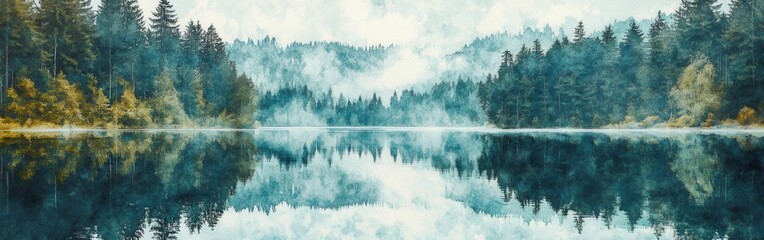 Poster - Serene lake surrounded by lush forests under a hazy sky reflecting on calm water