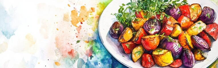 Poster - Colorful close-up of roasted vegetables on a plate with a watercolor background highlighting freshness and vibrancy