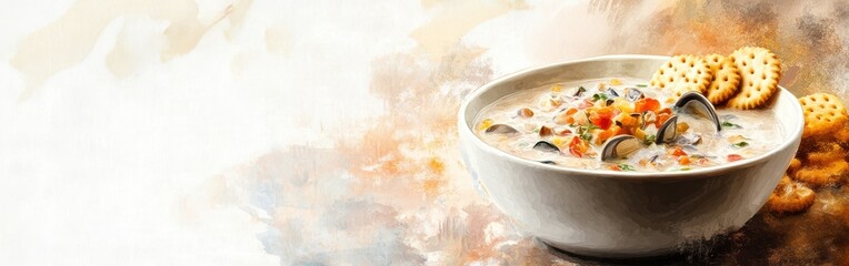 Poster - Close-up view of a creamy chowder with vegetables, served with crackers on a watercolor background