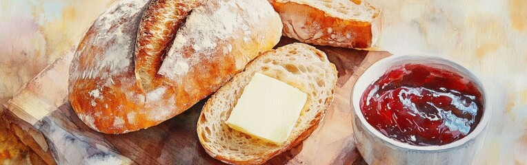 Aufkleber - Freshly baked bread with butter and jam on a wooden board in a cozy kitchen setting