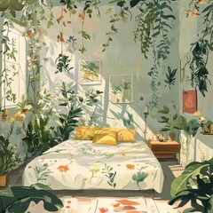 Wall Mural - A bright bedroom is filled with plants and light