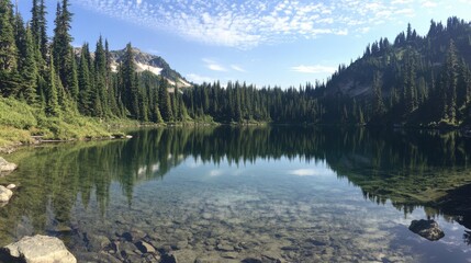 Aufkleber - Crystal-clear lake nestled among lush forests and majestic mountains on a sunny day in nature
