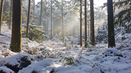 Poster - Snow-covered forest landscape with tall trees and gentle sunlight filtering through branches