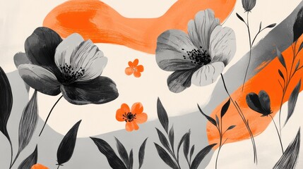 Poster - Spring blooms illustrated in minimalist grayscale style with touches of orange accents featuring flowers and foliage