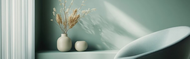 Poster - Muted mint tones create calm ambiance with minimalist shapes and decorative objects accentuating the serene setting