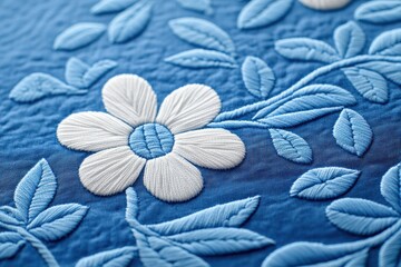 Poster - Close-up of a soft woven blue textile featuring delicate embroidered floral patterns in warm cozy lighting for an elegant home aesthetic