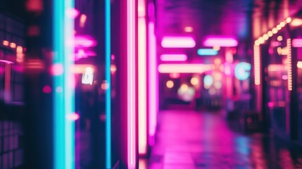 Poster - Vibrant neon magenta lights illuminate a bustling urban hallway at night